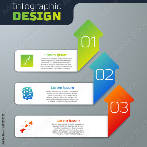 Set Scar with suture, Psoriasis or eczema rash and Human broken bone. Business infographic template. Vector