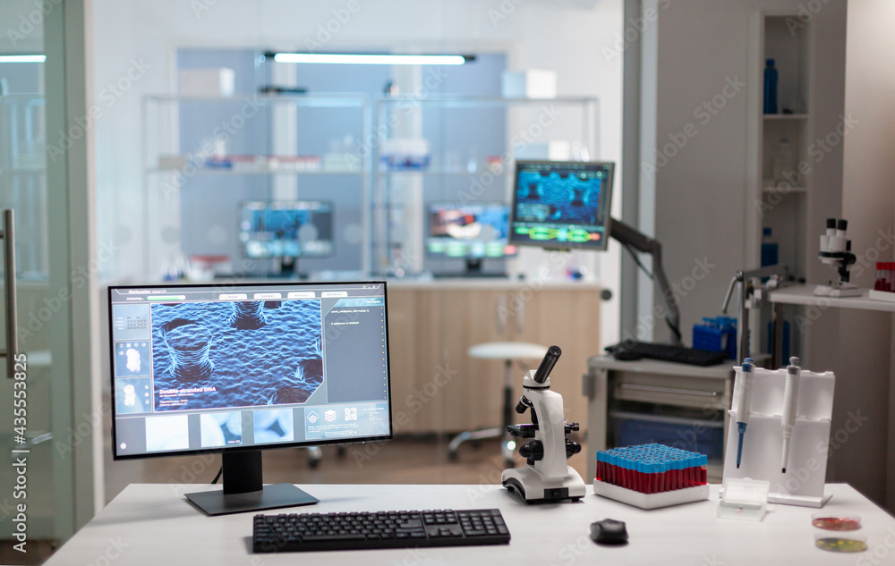 Chemist laboratory with nobody in it modernly equipped prepared for pharmaceutical innovation using high tech and microbiology tools for scientific research. Vaccine development against covid19 virus. Chemist laboratory with nobody in it modernly equipped prepared for pharmaceutical innovation using high tech and microbiology tools for scientific research. Vaccine development against covid19 virus.