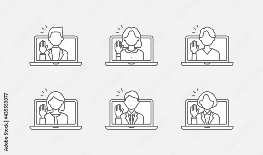 ノートパソコンでビデオ通話をしているビジネスパーソンの、線画アイコンセット