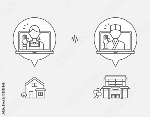自宅でオンライン調理教室のレッスンを受けている女性と和食店の料理人の、線画アイコン