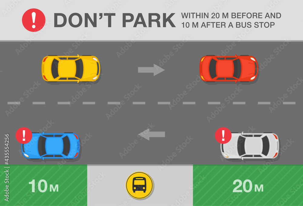 Fototapeta premium Parked cars. Australian traffic or road rule. Do not park your car within twenty meters before and ten meters after a bus stop warning design. Flat vector illustration template.