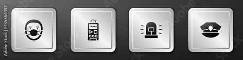 Set Doctor pathologist, Dictaphone, Flasher siren and Police cap with cockade icon. Silver square button. Vector