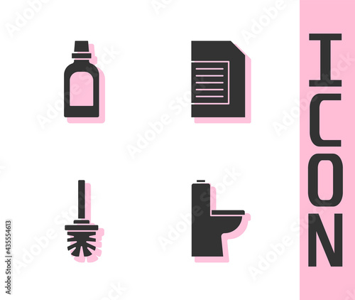 Set Toilet bowl, Bottle for cleaning agent, brush and Laundry detergent icon. Vector