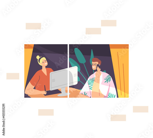 Freelance Selfemployed Occupation, Remote Workplace Concept. Man and Woman Freelancers Characters Sitting at Window