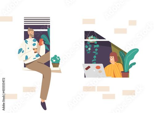 Remote Freelance Work, Self-employment Concept. Man and Woman Freelancers Characters Sitting at Window Working Distant