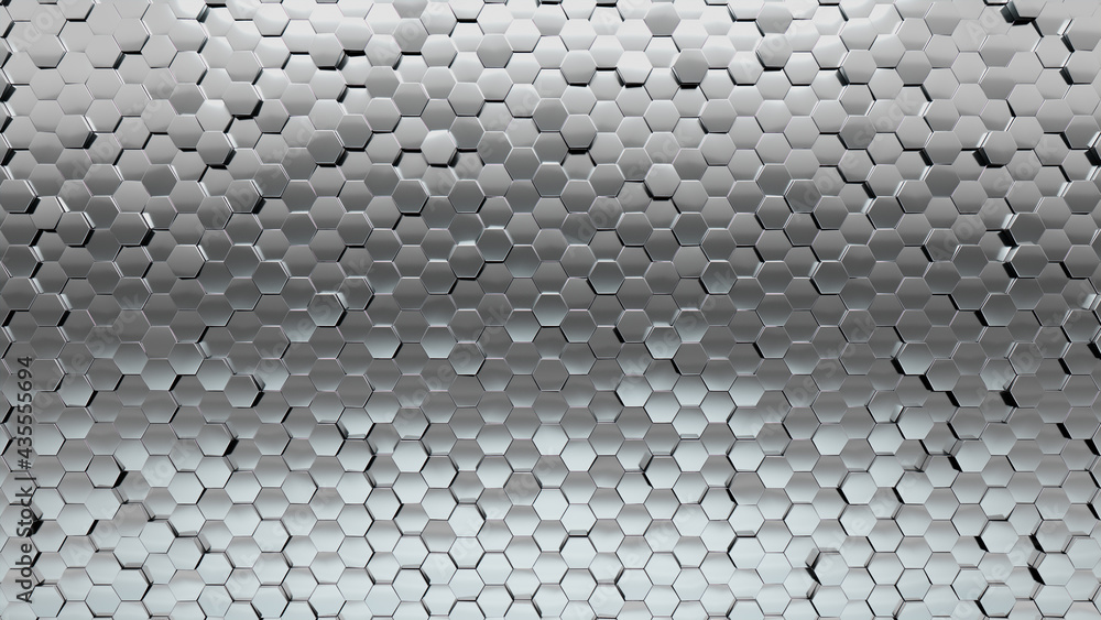 Luxurious Tiles arranged to create a Glossy wall. Hexagonal, 3D Background formed from Silver blocks. 3D Render Luxurious Tiles arranged to create a Glossy wall. Hexagonal, 3D Background formed from Silver blocks. 3D Render
