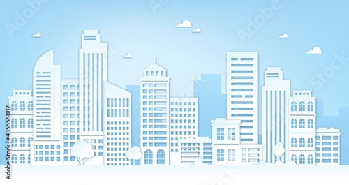 Paper cut cityscape. City landscape with skyscrapers  buildings  trees  sky and clouds. Origami silhouette of urban panorama vector concept