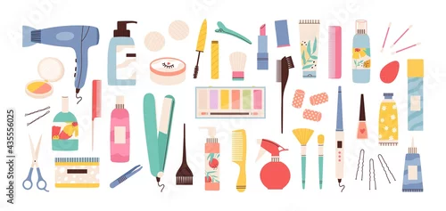 Obraz Beauty salon tools. Hairdresser, manicure and makeup equipment. Hair dryer, scissors, comb and cream bottles. Stylist cosmetics vector set