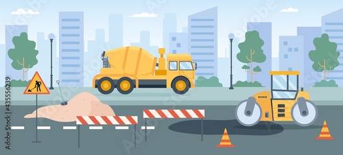 Road works. Pavement repair with asphalt roller, concrete mixer and street barriers. City roads maintenance service machines vector concept