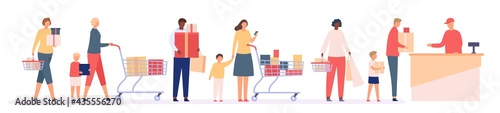 Queue in shop. Supermarket store with customers in long line to cashier. People with shopping bag and boxes. Discount in mall vector concept