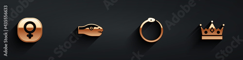 Set Venus, Snake, Ouroboros and King crown icon with long shadow. Vector