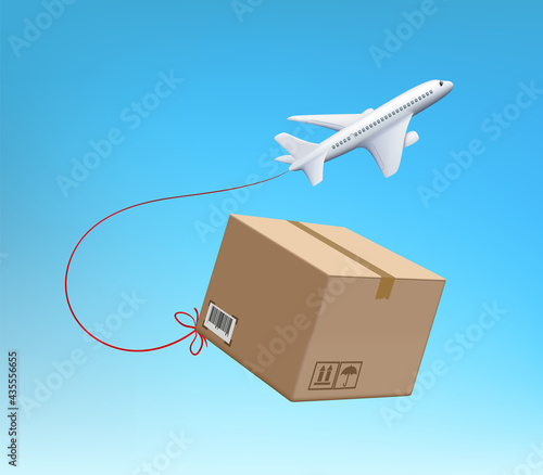 Plane is flying with a cardboard box. Delivery cargo