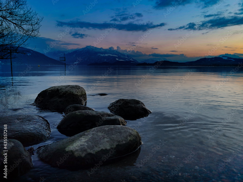 rock in water in lake Zug with mount Rigi.