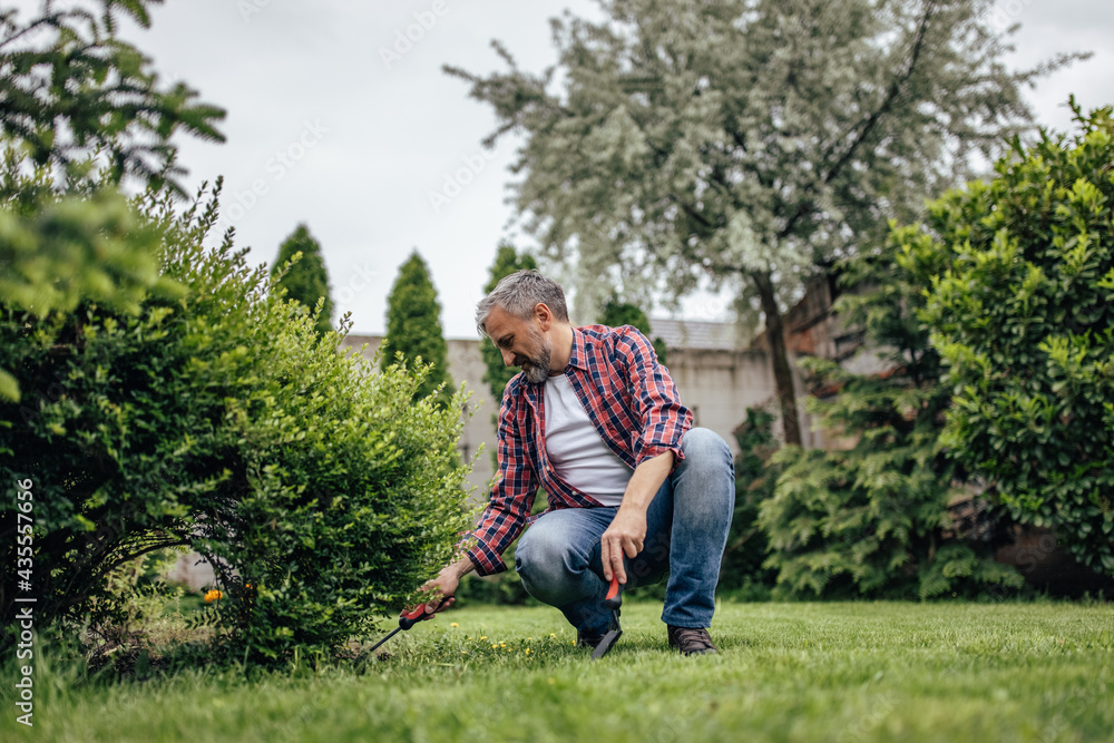 Adult man getting ready to decorate his garden.
