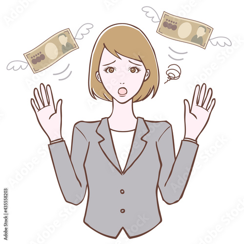 スーツを着たお手上げポーズの女性と飛んでいくお金　イラスト