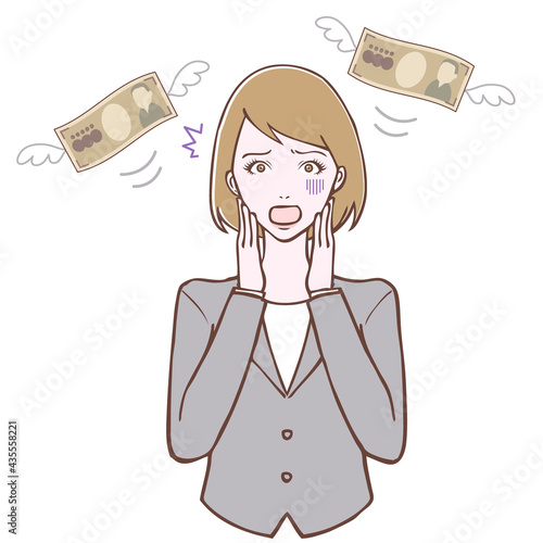 スーツを着たショックポーズの女性と飛んでいくお札　イラスト