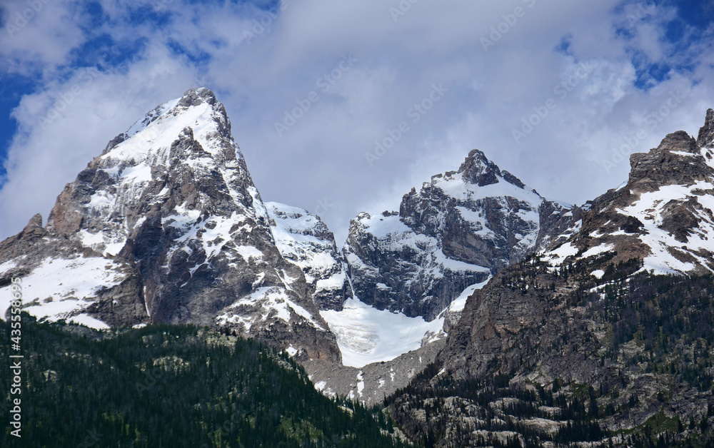 closeup of grand teton mountain and mount owen in summer in grand teton national park in wyoming