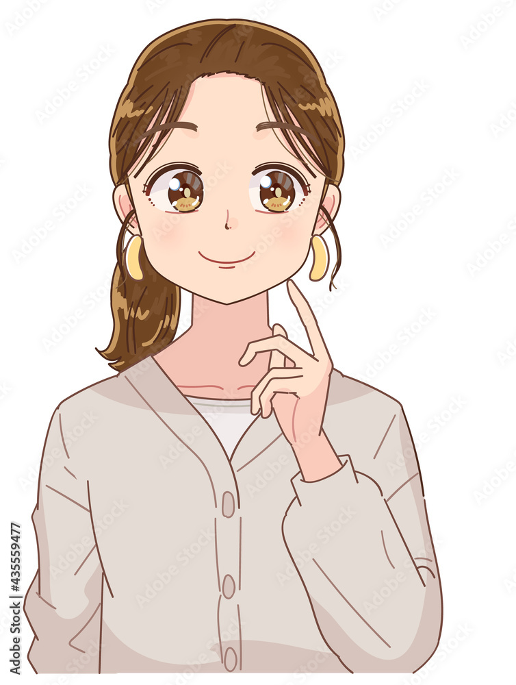 横を見ているアニメタッチのおしゃれな女性