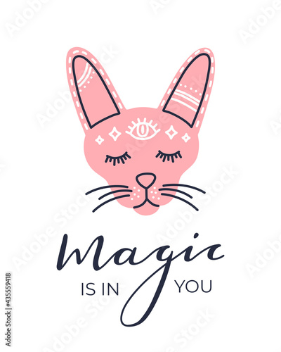 Magic is in you quote. Handwritten poster  phrase and celestial pink cat with third eye. Mystic animal with moon and stars. Modern lettering print  trendy witchcraft esoteric design in flat boho style