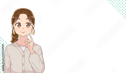 横を見ているアニメタッチのおしゃれな女性