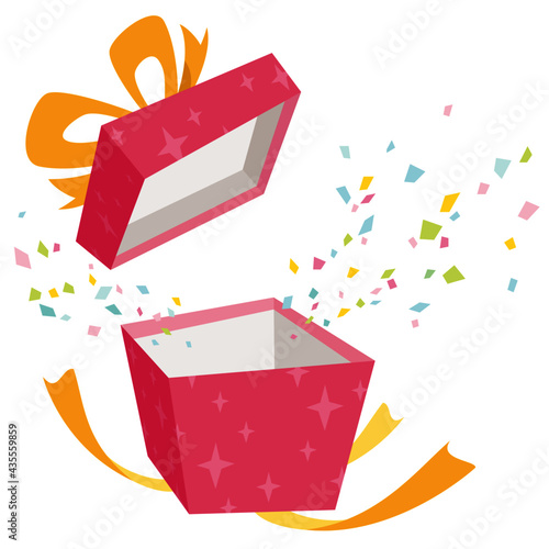 Open the gift box with pink glitter pattern. Confetti pops out of the box on white background. Vector illustration in flat cartoon style.