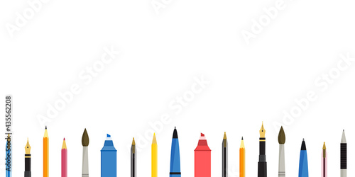 Flat vector illustration of various pens, pencils, markers and highlighters at the bottom of the screen in horizontal layout. For webpage background banner design. Isolated on white background.