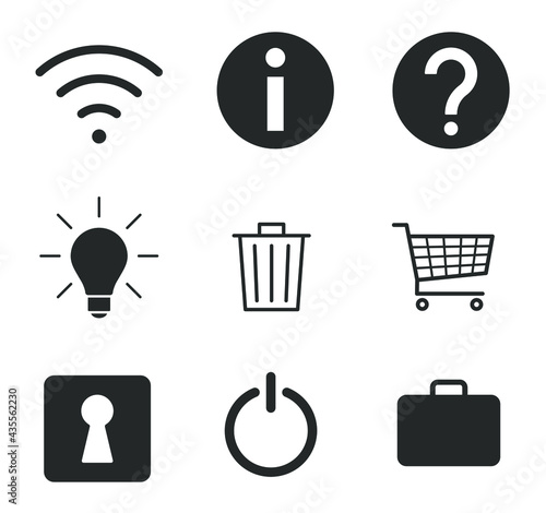 Web application interface icon collection. Internet page and website vector symbol set. wi-fi, info, question mark, lightbulb, trashcan and shopping cart button sign. Keyhole, power, and suitcase logo