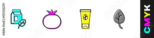 Set Vegan milk, Tomato, Organic cosmetic and Leaf or leaves icon. Vector