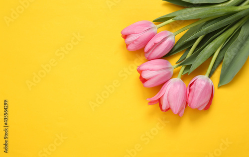 Fototapeta Naklejka Na Ścianę i Meble -  Pink tulips bouquet on yellow background. Romantic, love concept. Copy space