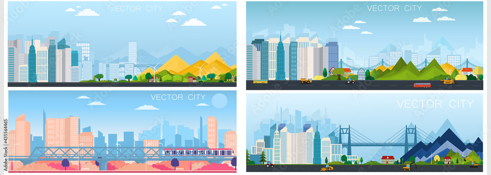Set of vector poster with modern city view with skyscrapers.