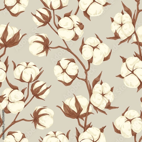 Seamless floral pattern with branches of blossomed fluffy cotton flowers. Endless repeatable background in vintage style. Botanical colored hand-drawn vector illustration for wrapping and wallpaper