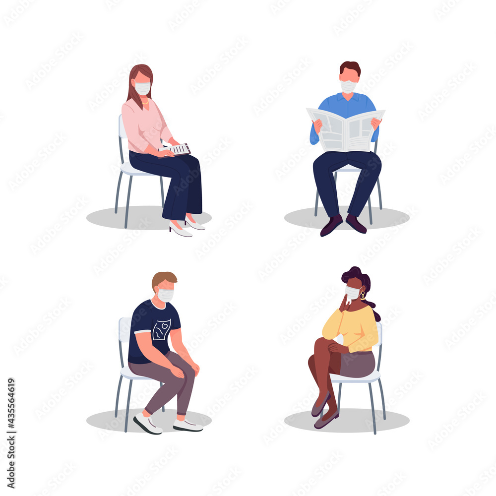 Hospital visitors in masks flat color vector faceless characters set. Medical appointment. Clinic waiting room experience isolated cartoon illustrations collection for web graphic design and animation