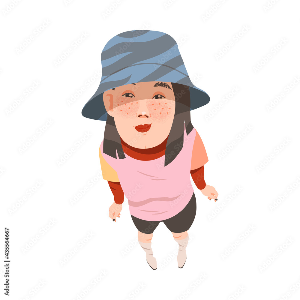 Smiling Freckled Woman Wearing Bucket Hat Looking Up Watching at Something Above View Vector Illustration