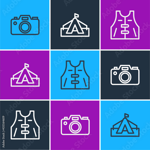 Set line Photo camera, Hunting jacket and Tourist tent icon. Vector