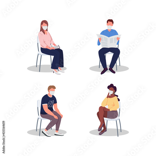 Hospital visitors in masks flat color vector faceless characters set. Medical appointment. Clinic waiting room experience isolated cartoon illustrations collection for web graphic design and animation