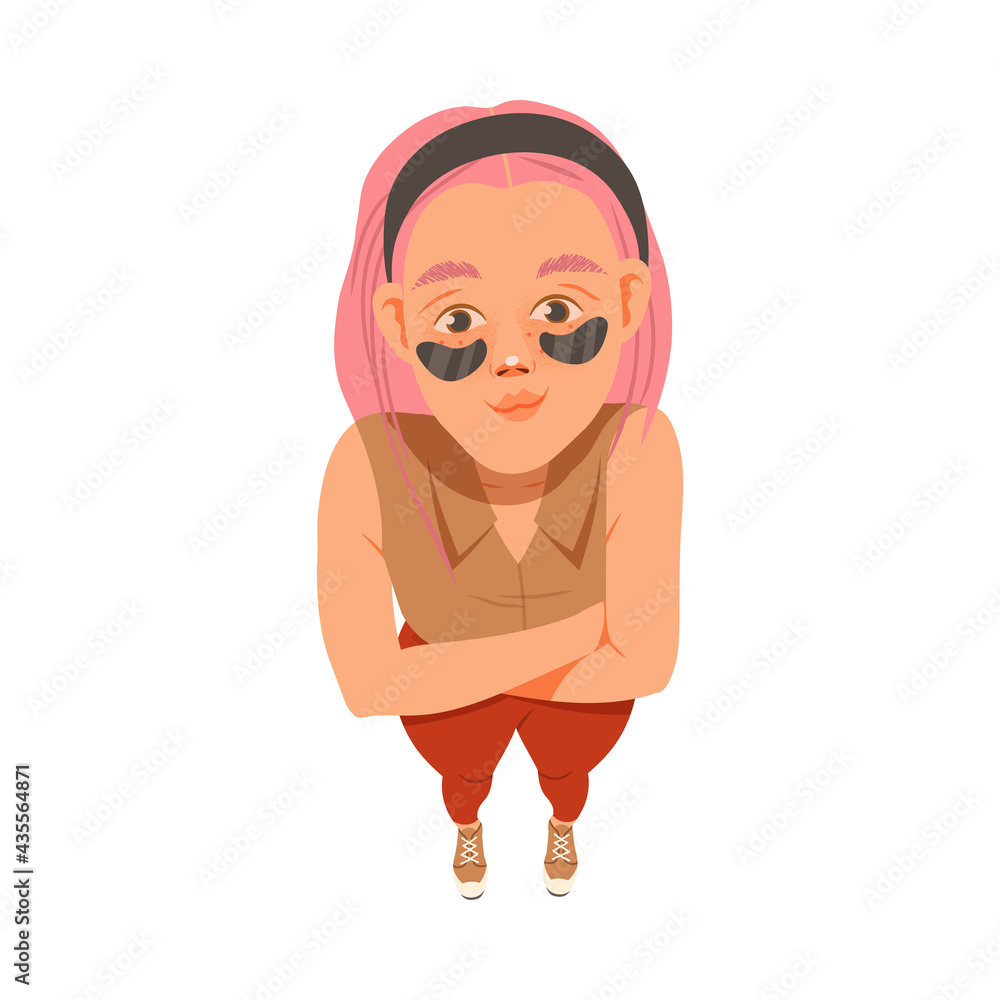 Smiling Freckled Woman with Pink Hair and Eye Patches Looking Up Watching at Something Above View Vector Illustration Smiling Freckled Woman with Pink Hair and Eye Patches Looking Up Watching at Something Above View Vector Illustration