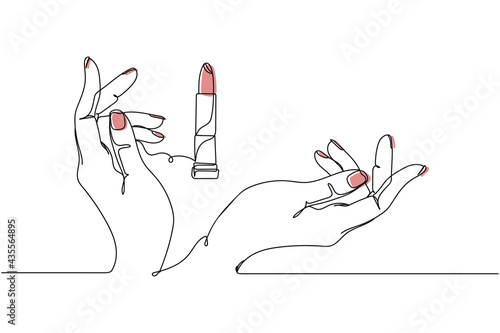 Continuous one line of beautiful woman hand with lipstick or pomade in silhouette. Linear stylized.Minimalist. Cosmetics concept
