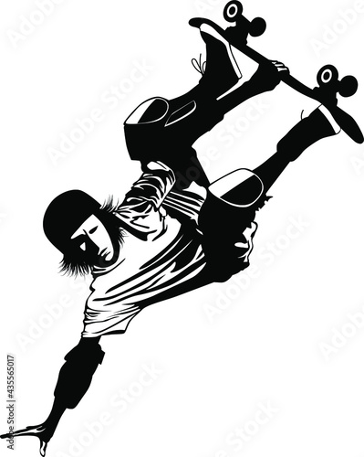 Silhouette of a young man performing a trick on a skateboard vector illustration