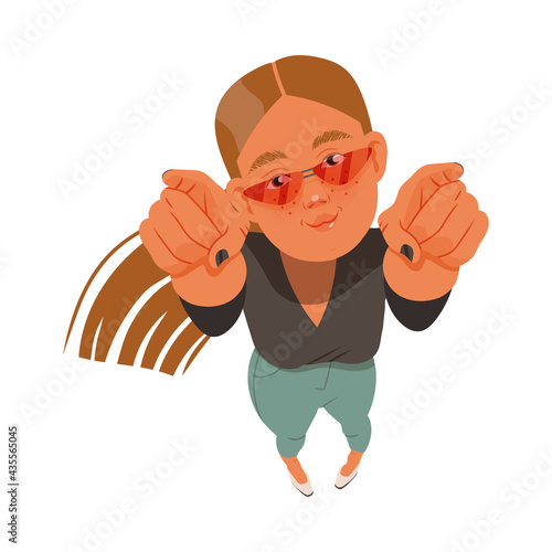 Smiling Freckled Woman in Sunglasses Looking Up Watching at Something and Pointing Fingers Above View Vector Illustration