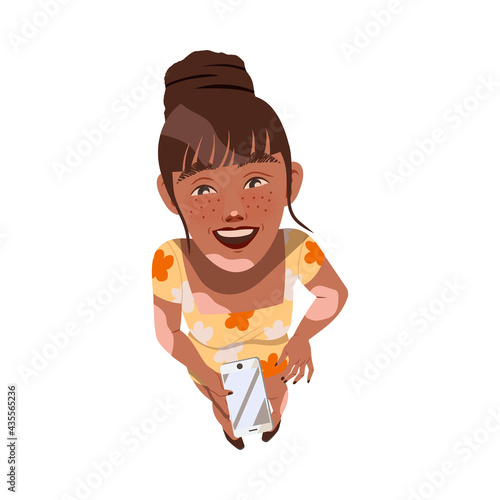Smiling Freckled Woman with Smartphone Looking Up Watching at Something Above View Vector Illustration
