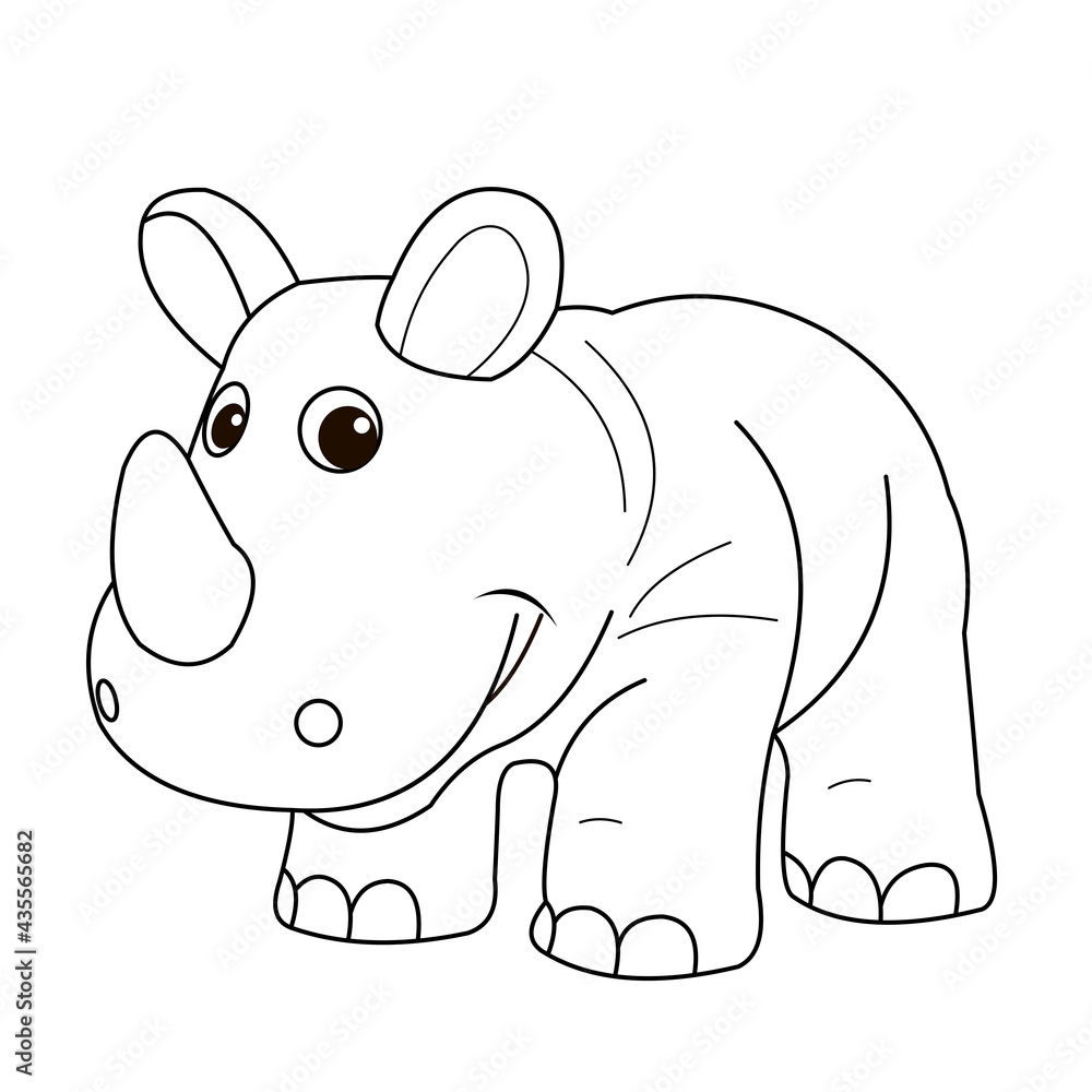 Naklejka premium Animals, coloring book for kids. Black and white image, rhinoceros.