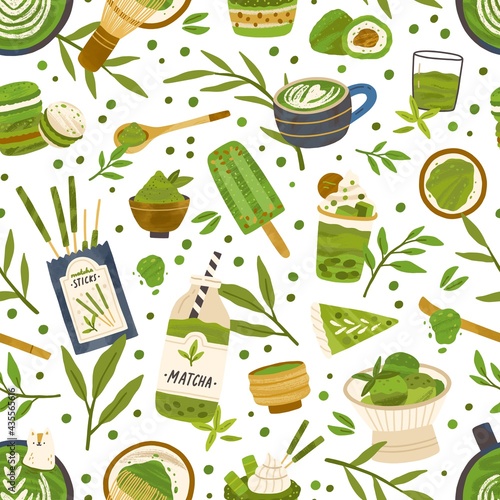 Seamless pattern with green matcha powder, food, drinks and leaves on white background. Endless repeatable Japanese texture with healthy organic products. Colored flat vector illustration for printing