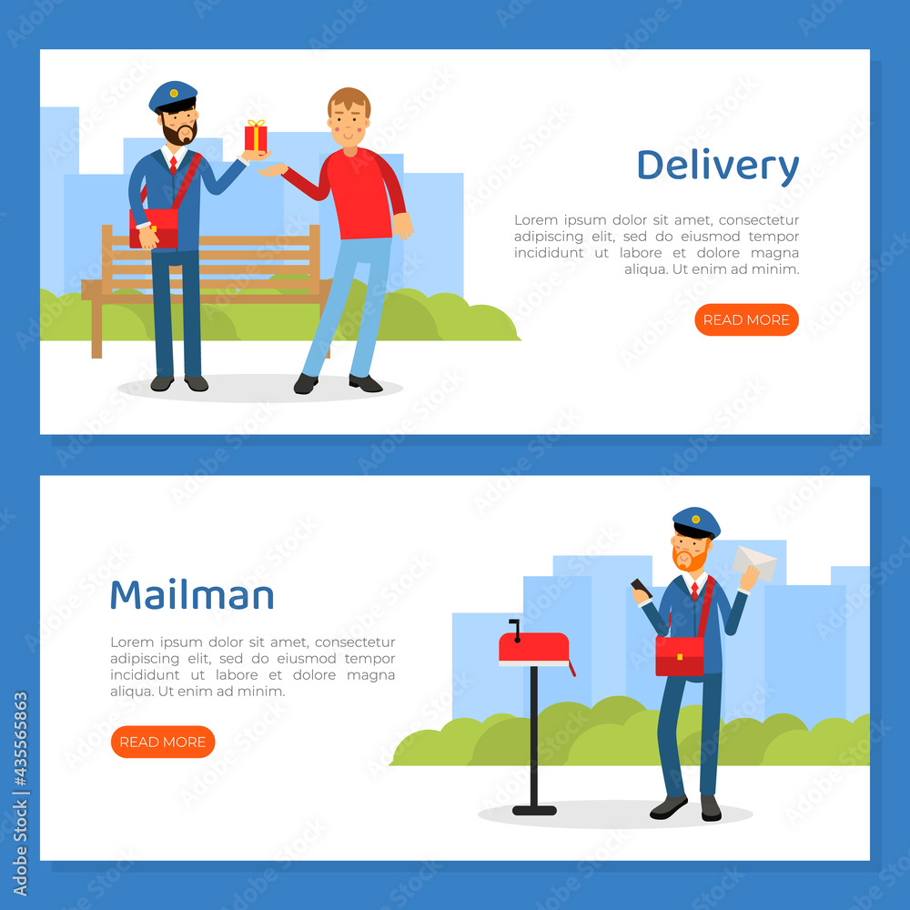 Landing Page with Mail Carrier or Mailman as Employee of Postal Service Delivering Mail and Parcels to Residence Vector Template