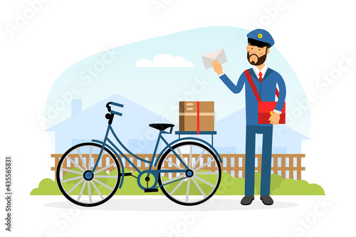 Mail Carrier or Mailman as Employee of Postal Service Delivering Mail and Parcels to Residence Vector Illustration