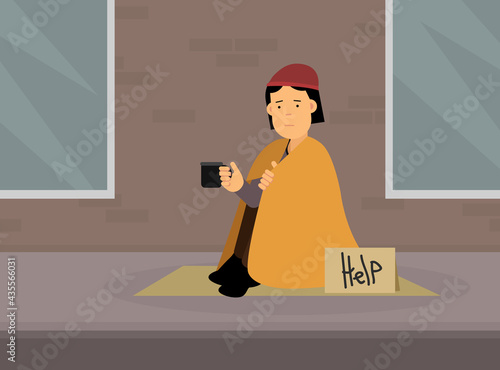 Homeless Man Vagabond with Mug Begging for Money Vector Illustration