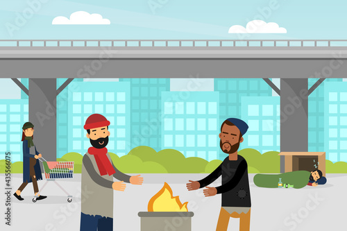 Homeless Bearded Man Vagabond Warming in Front of Fire Vector Illustration