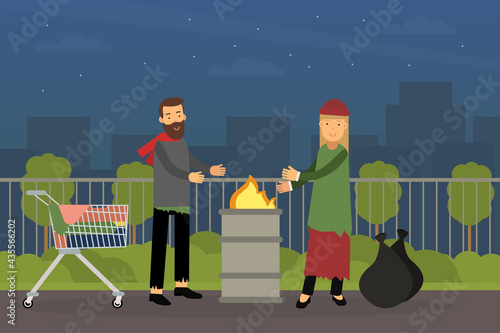 Homeless Bearded Man and Woman Vagabond Warming in Front of Fire Vector Illustration