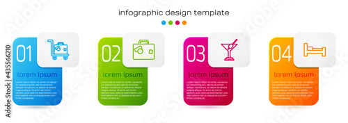 Set line Suitcase, , Martini glass and Hotel room bed. Business infographic template. Vector