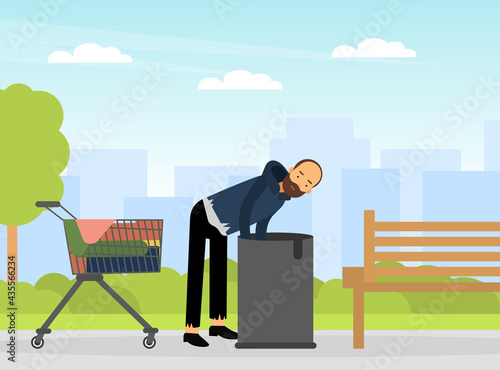 Homeless Man Vagabond Searching for Food in Trash Bin Vector Illustration