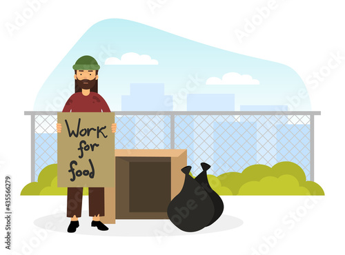 Homeless Man Vagabond Holding Cardboard Begging for Work and Food Vector Illustration